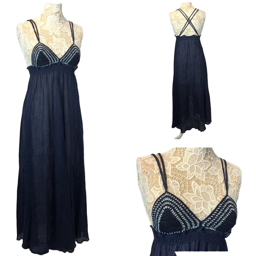 Boutique Navy & white long crocheted beach maxi dress crossed back size small